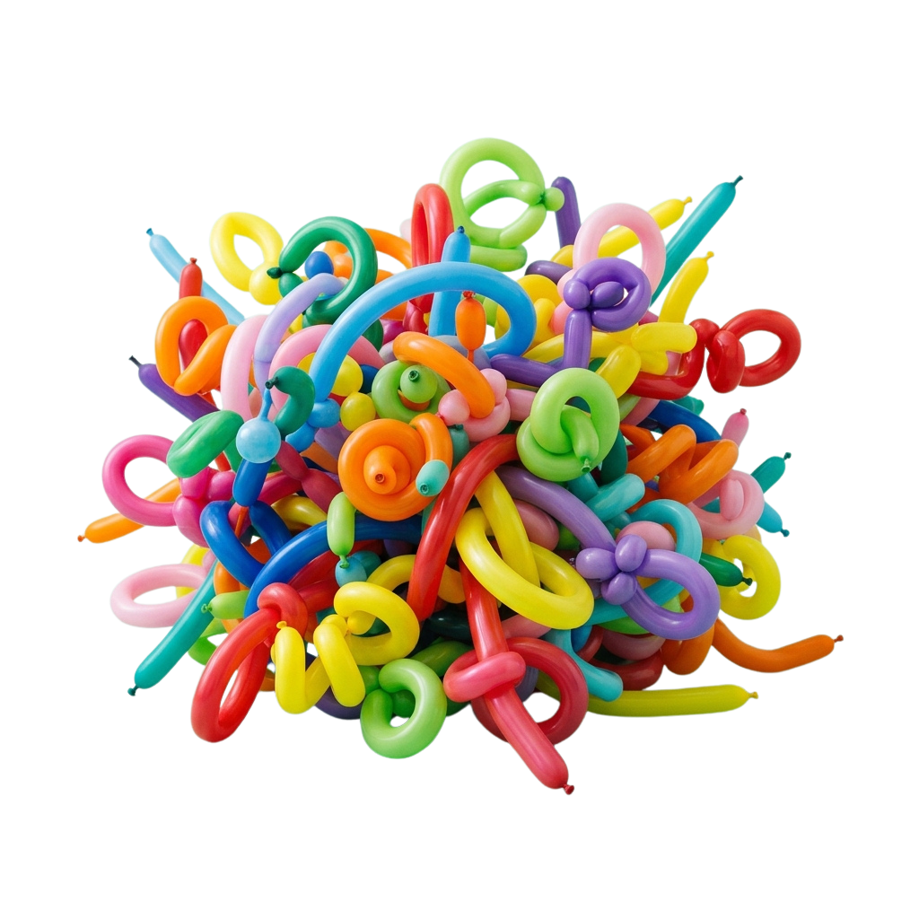 A cluster of multicolored rubber bands twisted and looped in various shapes on a black background
