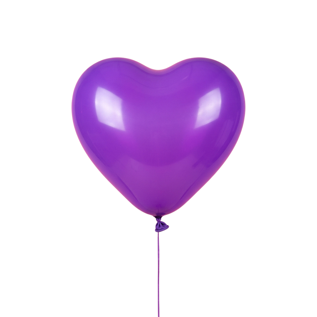 A shiny purple heart-shaped balloon floating against a black background