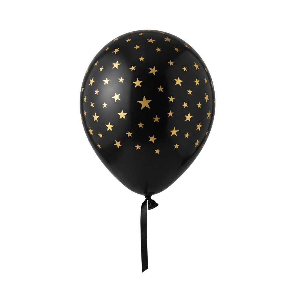A black balloon with gold star patterns and a black tail.