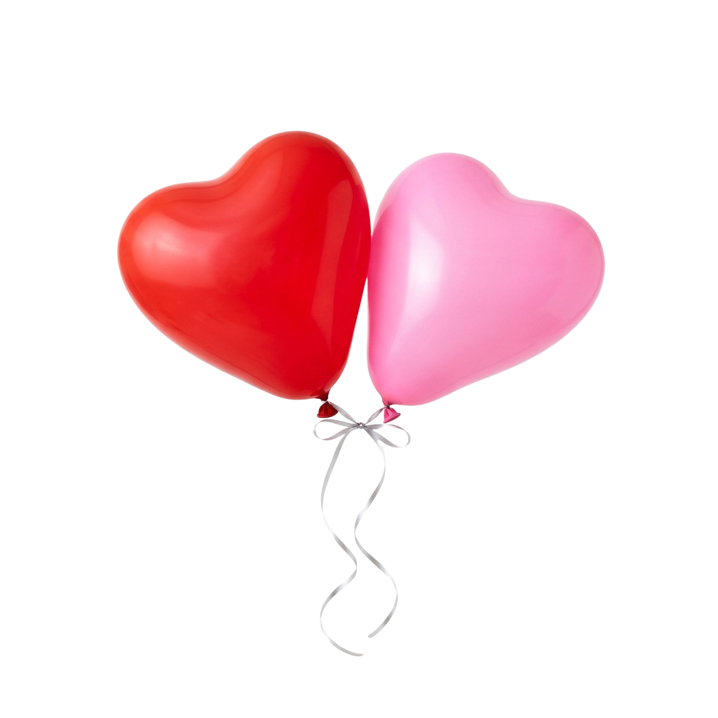 Two heart-shaped balloons, one red and one pink, tied together and floating against a black background