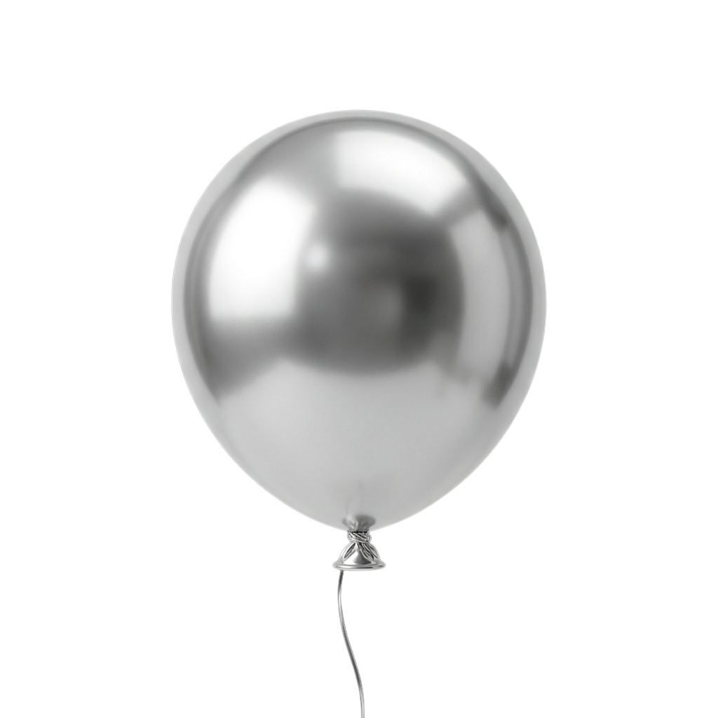 A single shiny silver balloon floating on a string against a black background
