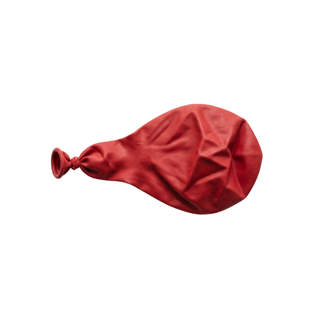 A deflated red balloon with a small twisted neck against a black background