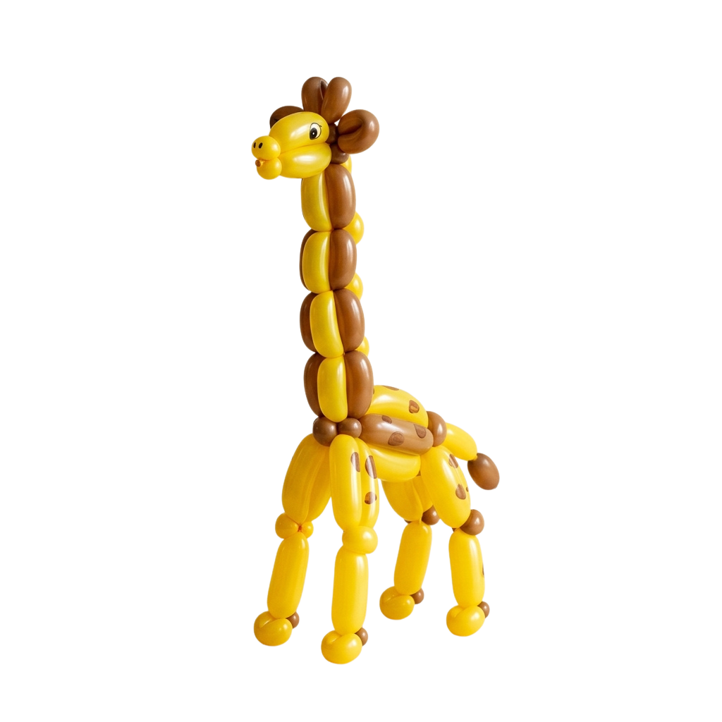 A playful bead giraffe with a yellow and brown color scheme standing on four legs.