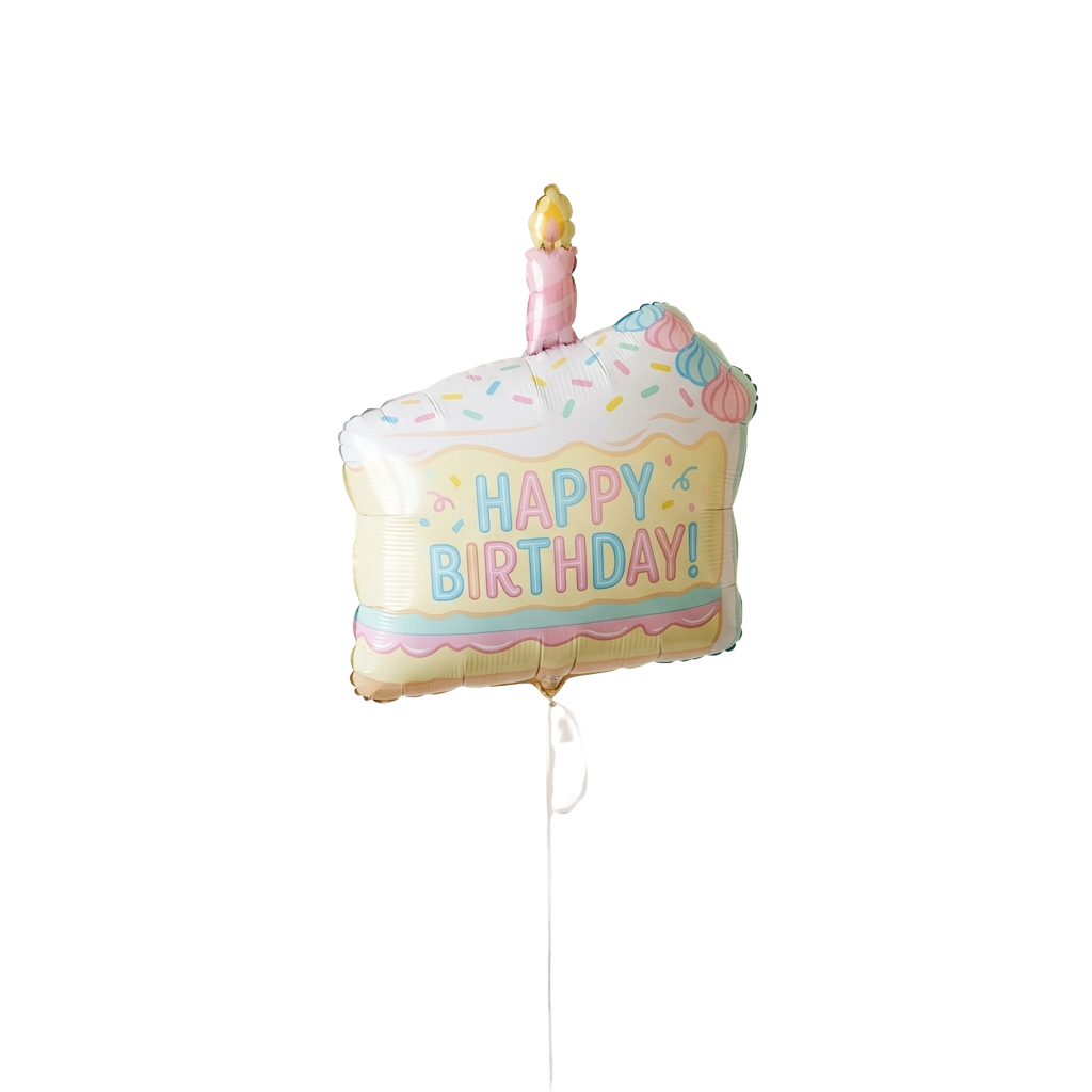 Foil balloon shaped like a birthday cake with a lit candle and colorful sprinkles