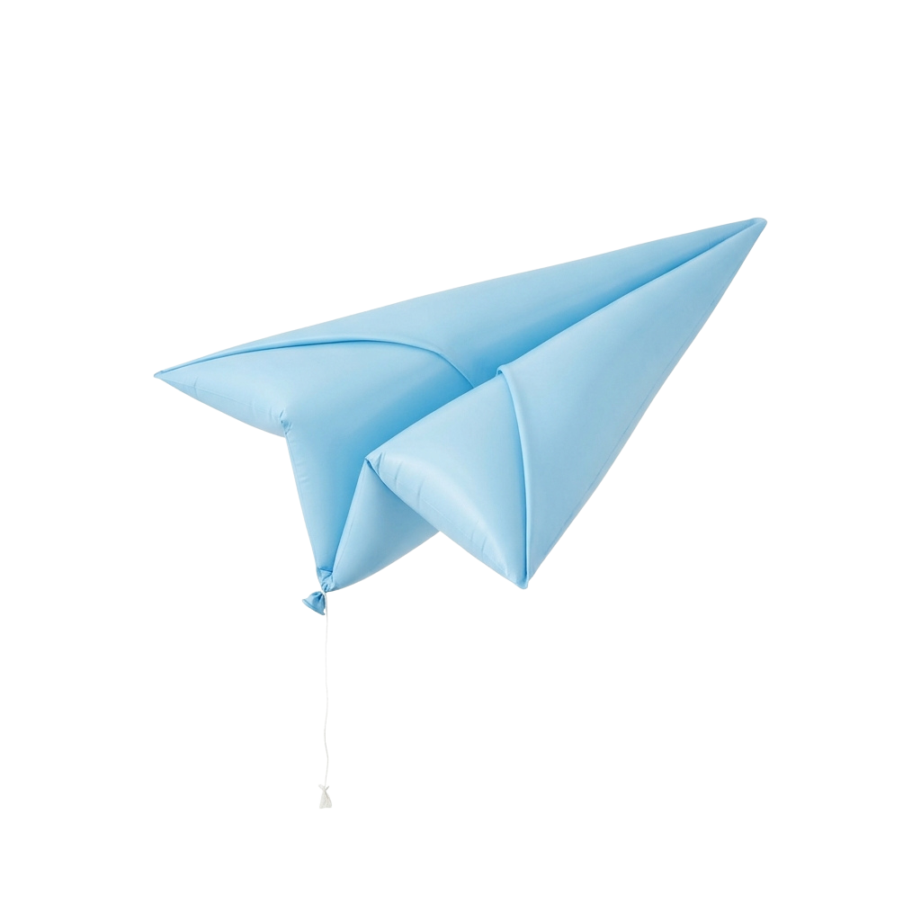 A light blue paper airplane with a smooth gradient and a thin tail string.
