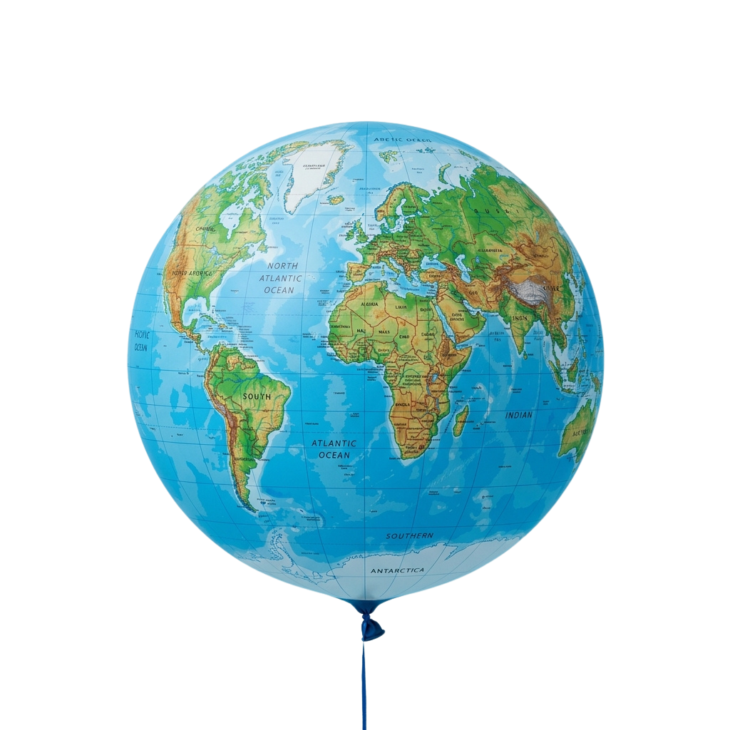 Inflated globe balloon showing continents and oceans with labeled regions