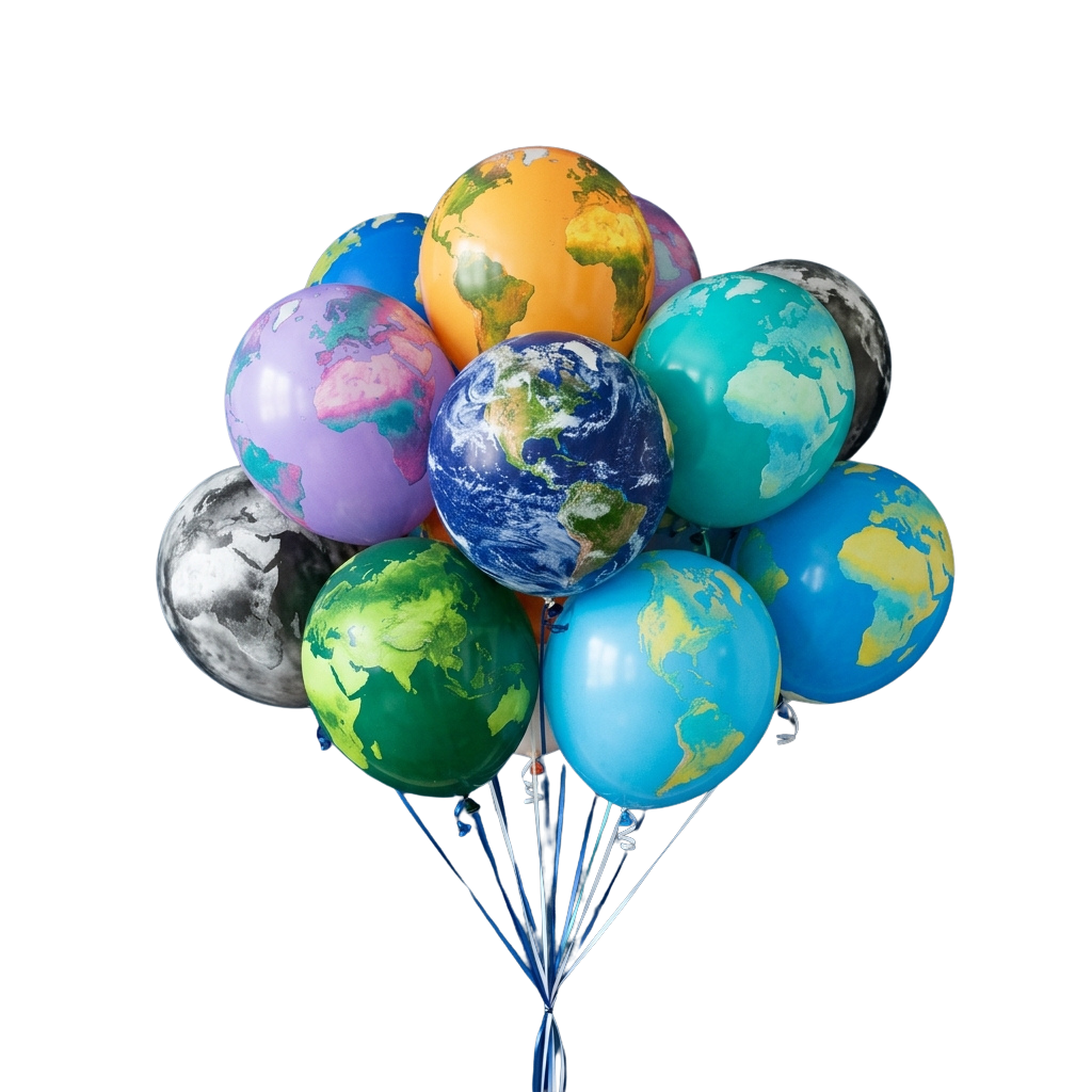 Cluster of colorful balloons shaped like Earth in various colors against a black background