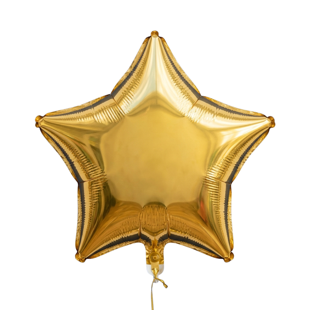 Shiny gold star-shaped foil balloon with a metallic finish and a twist tie at the bottom