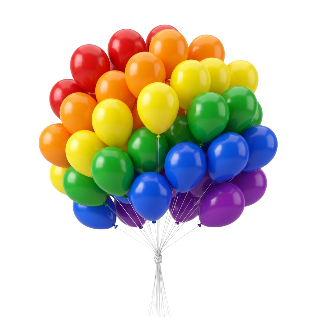 A cluster of multicolored balloons tied together in a rainbow pattern against a black background