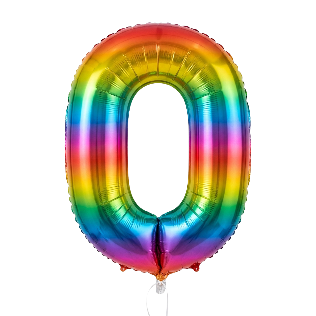Shiny foil balloon shaped like the number 0 with rainbow colors