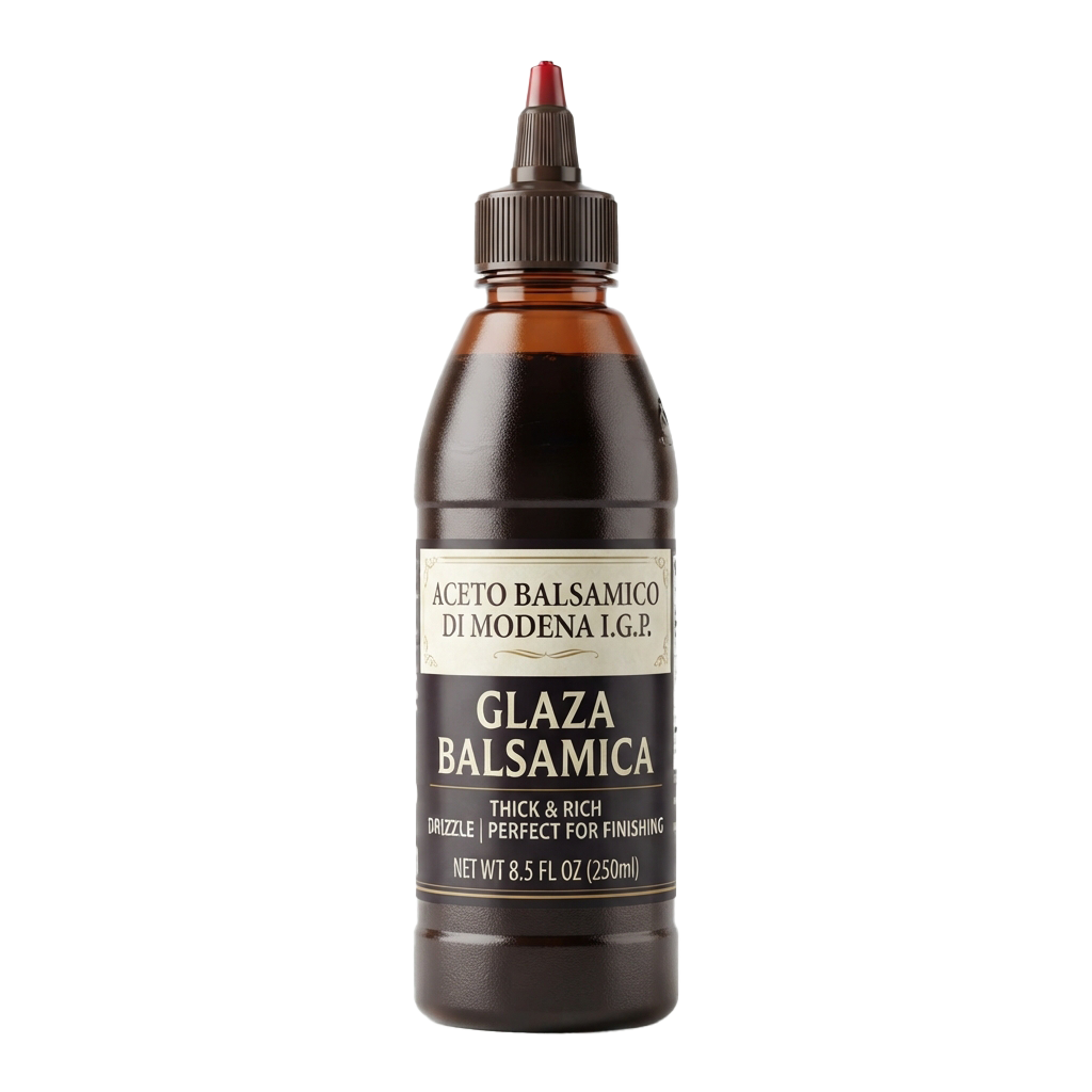 Bottle of balsamic glaze with a black cap and red nozzle, labeled Aceto Balsamico Di Modena I.G.P.
