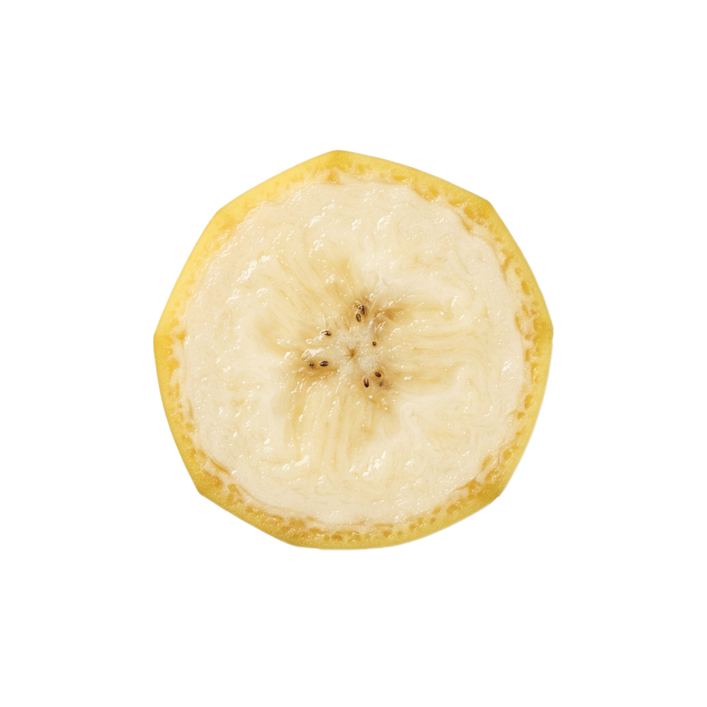 A sliced banana revealing its pale yellow flesh and central brown core against a black background