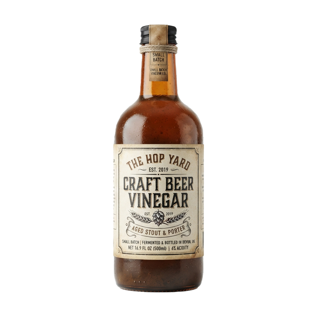 A bottle of craft beer vinegar labeled aged stout and porter, small batch, with a dark amber liquid inside.