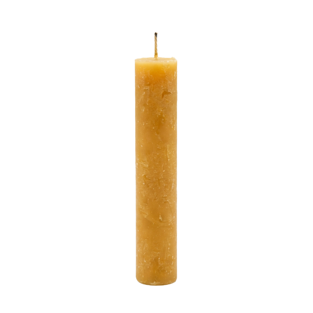 A single tall, textured beeswax candle with a wick on a black background