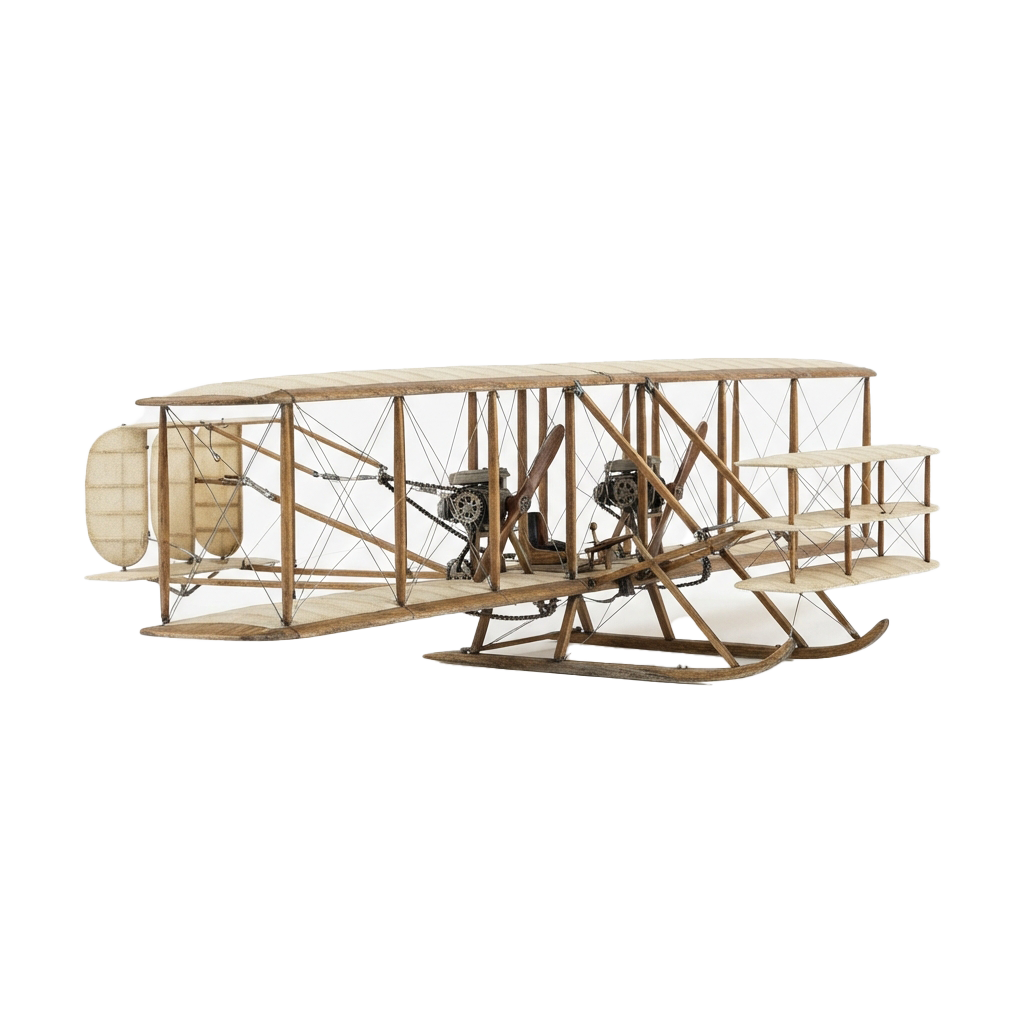 A detailed model of an early biplane with wooden frame, two wings, and visible engine components