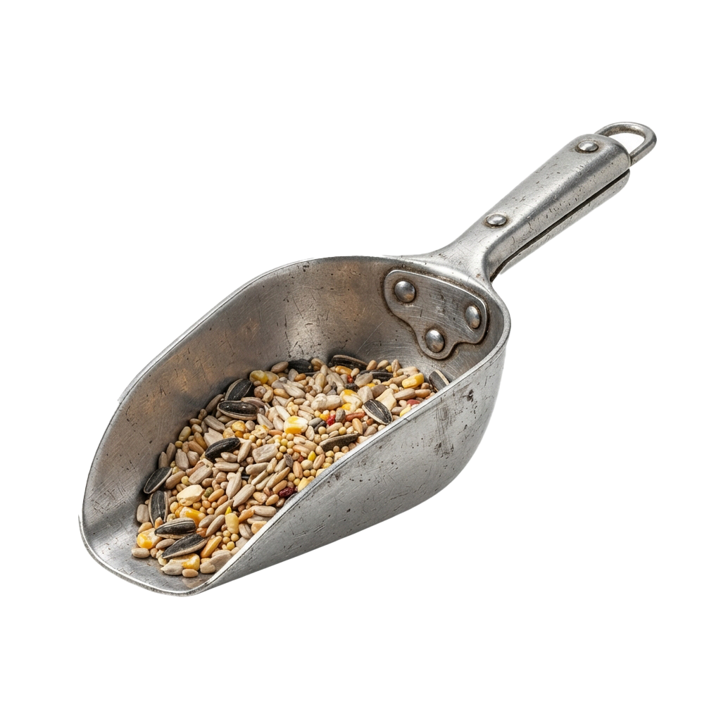 A metal scoop containing a variety of birdseed grains including sunflower seeds and millet