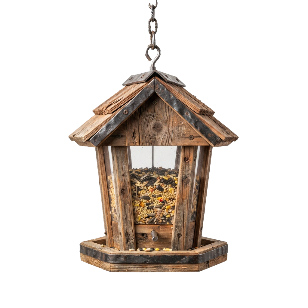 A rustic wooden birdhouse-style feeder filled with mixed bird seeds hanging from a metal chain