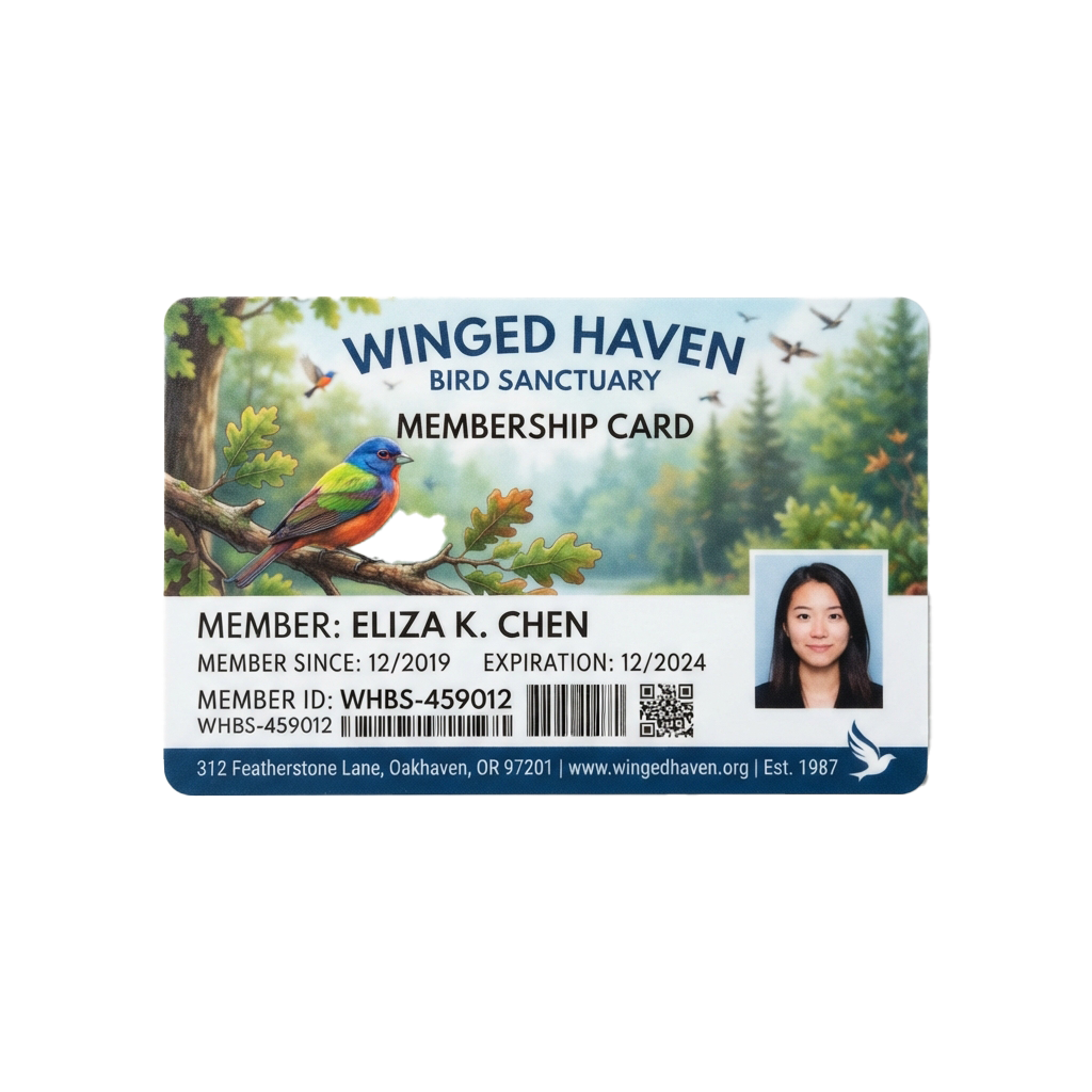 Membership card for Winged Haven Bird Sanctuary showing colorful bird graphic, member photo, and card details