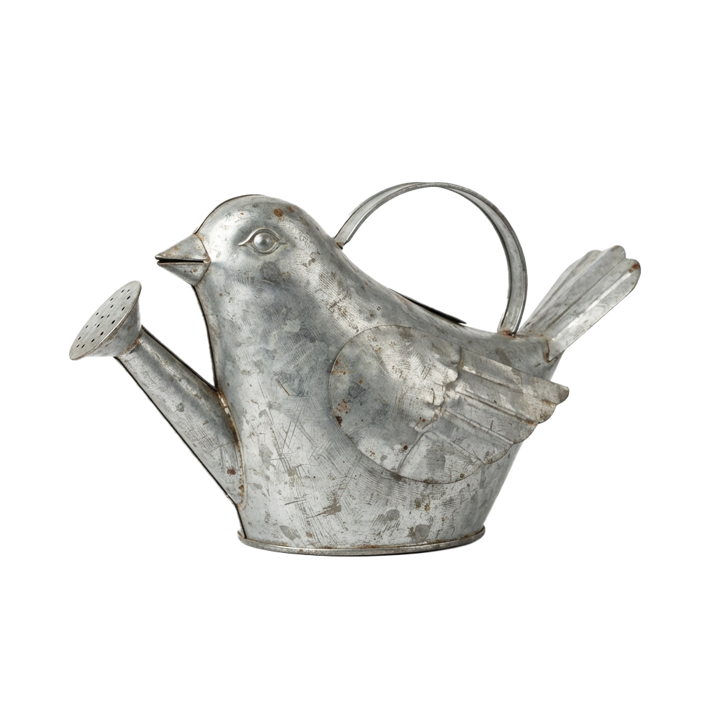 A rustic metal watering can shaped like a bird with a handle on its back.