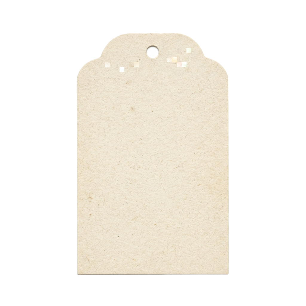 A plain beige tag with a hole at the top for hanging or attachment, ready for labeling