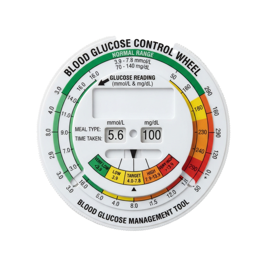 Blood glucose control wheel showing a reading of 5.6 mmol/L and 100 mg/dL with color-coded ranges for management