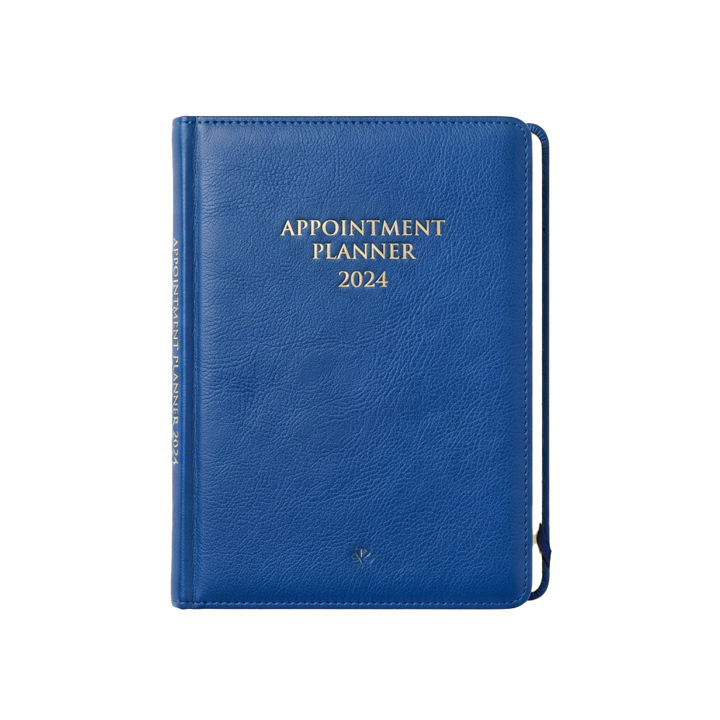 A blue leather-covered appointment planner labeled 2024 with gold embossed text