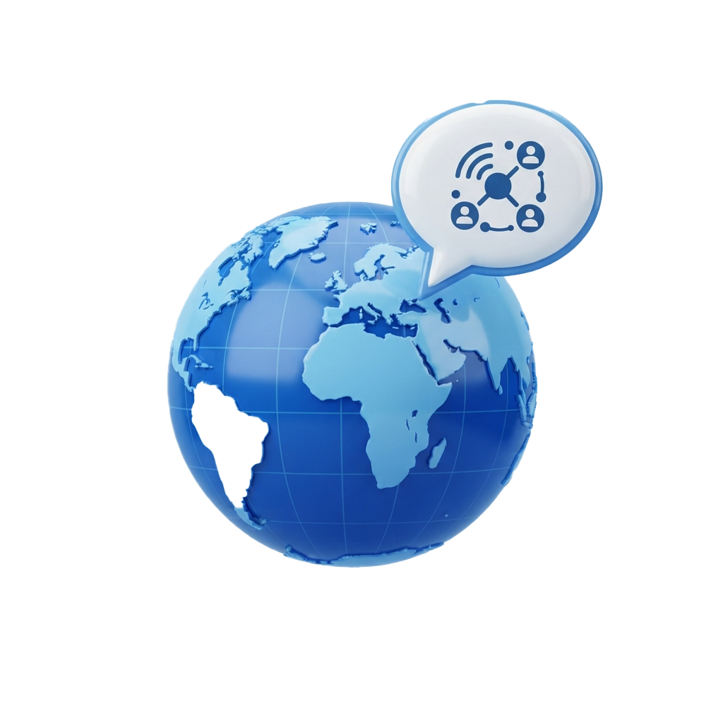 A globe with a speech bubble showing a network connection icon