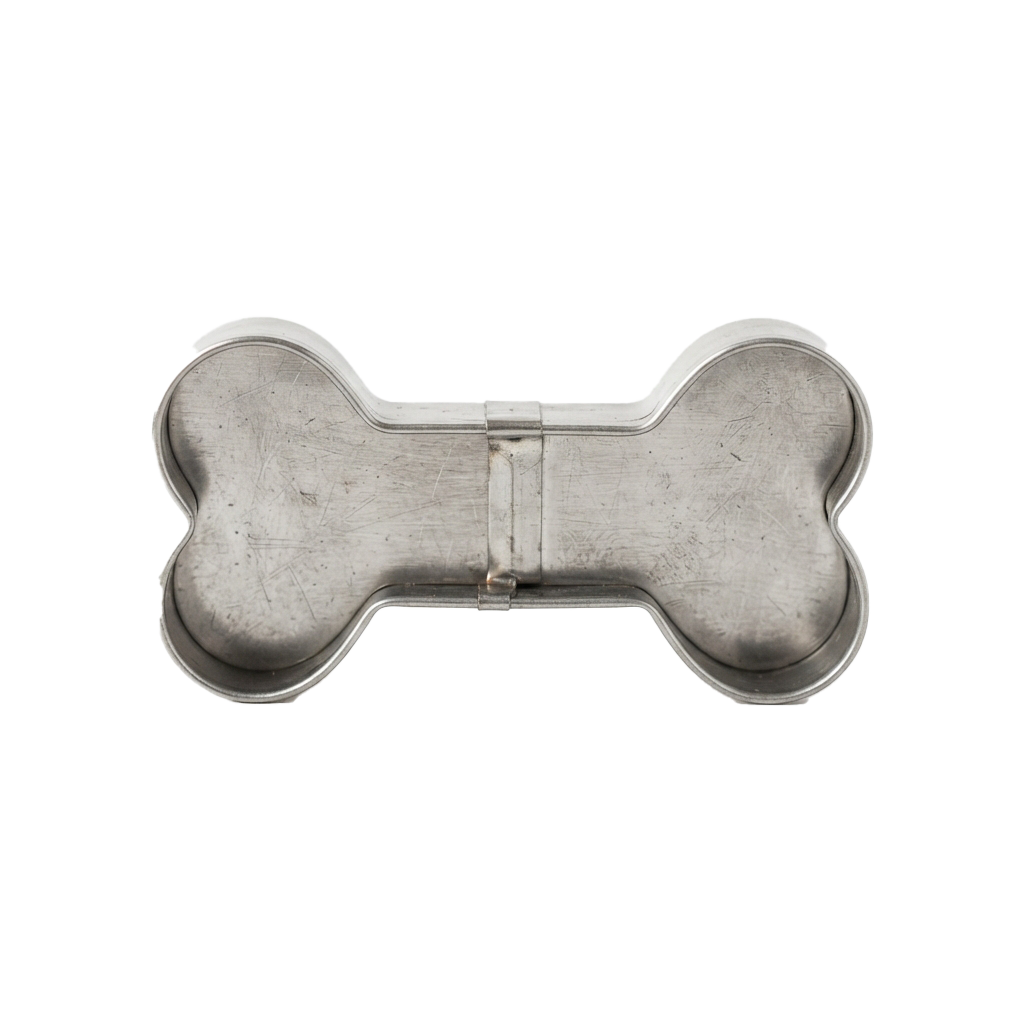Two stainless steel bone-shaped pet bowls connected by a metal bar