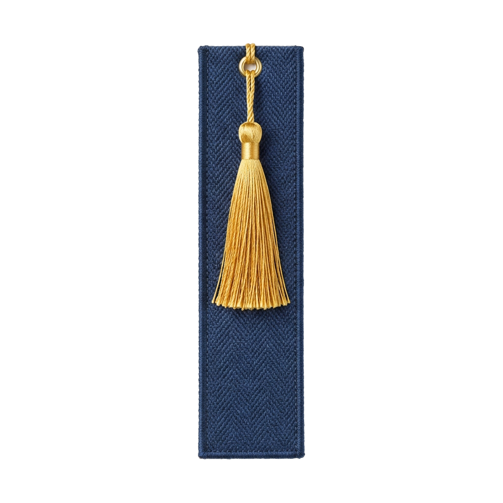 A rectangular blue bookmark with a gold tassel hanging from a decorative loop at the top.