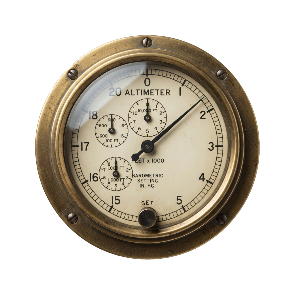 Close-up of an old-fashioned aircraft altimeter showing altitude and barometric pressure settings