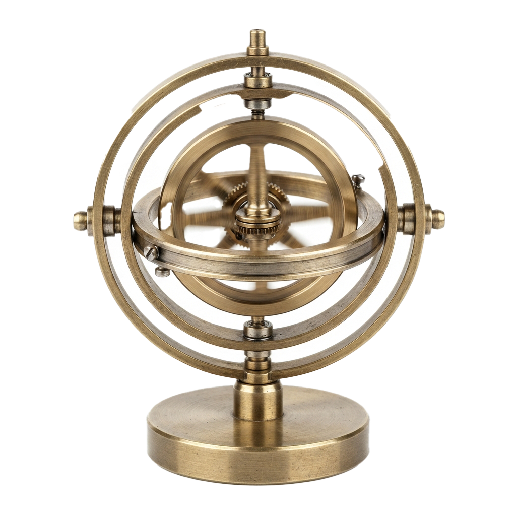 A brass-colored orrery model showing interconnected rings and gears representing celestial mechanics