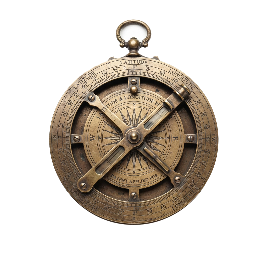 Vintage brass navigational tool showing latitude and longitude scales with a central compass rose