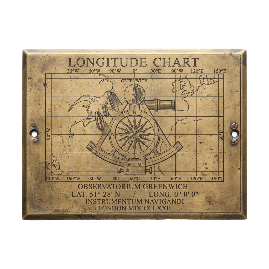 Antique brass plate showing a longitude chart with a telescope and compass illustration, labeled Greenwich Observatory.