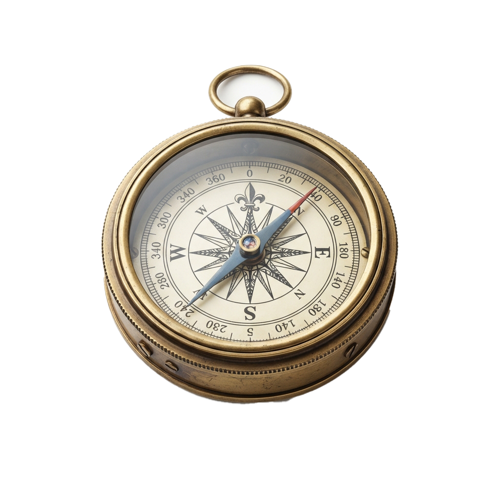 A vintage brass pocket compass with a clear face and directional markings pointing north.