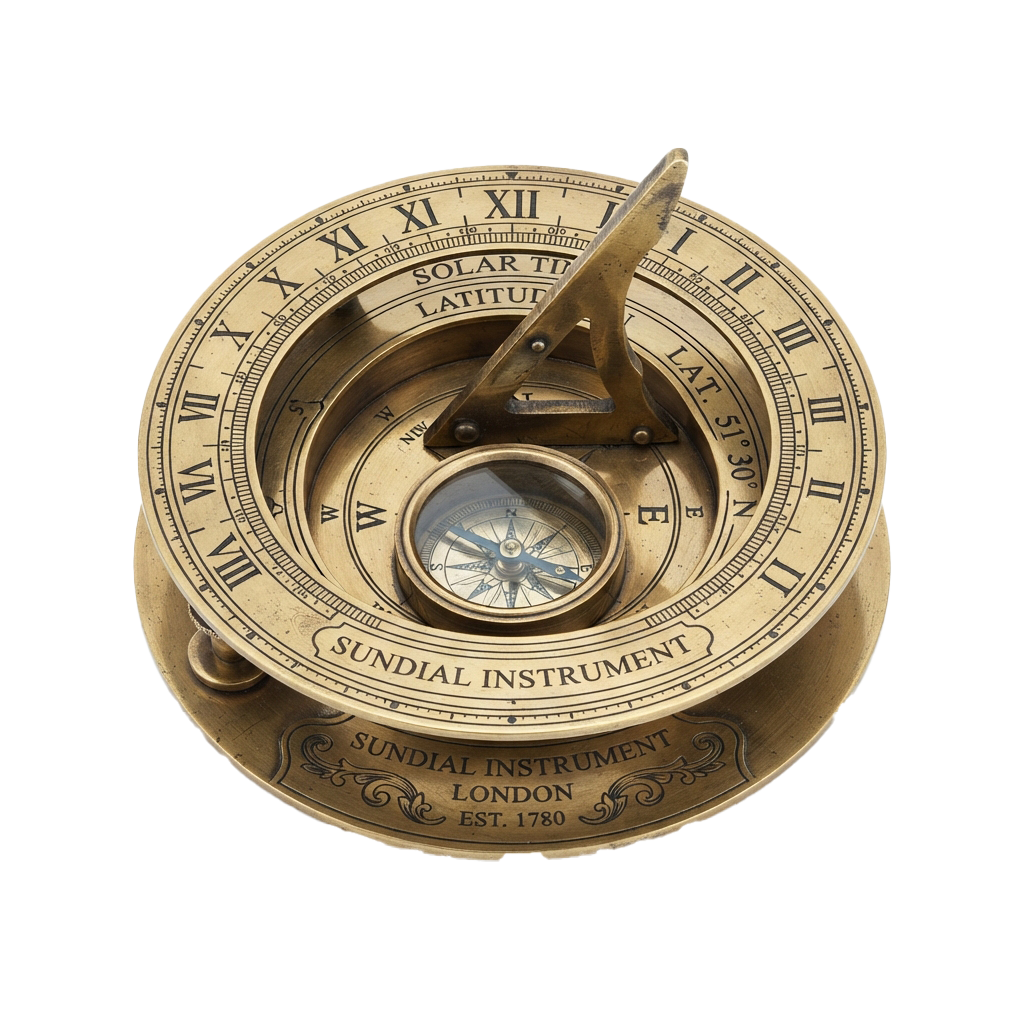 Vintage sundial instrument featuring a compass, gnomon, and Roman numerals for timekeeping, labeled London Est 1780