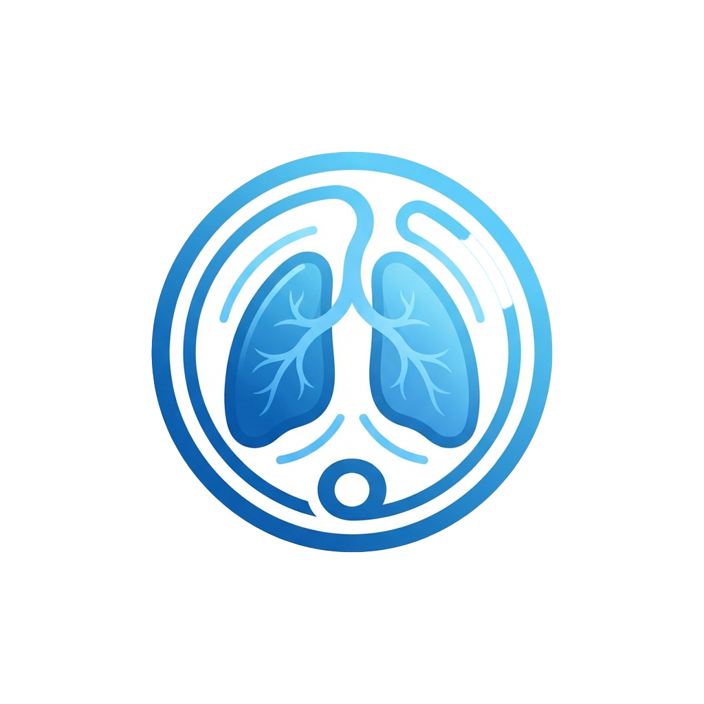 Medical illustration of two lungs inside a circular outline with a stethoscope symbol below