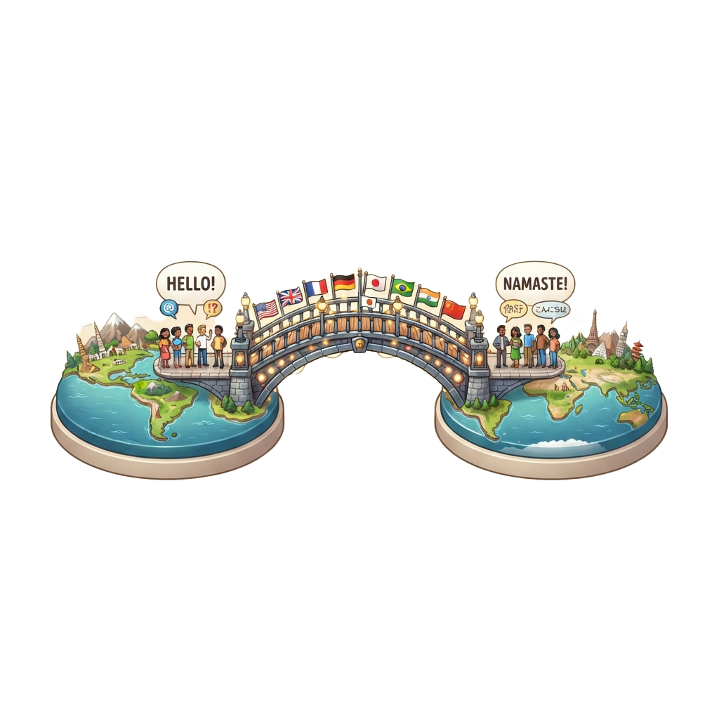 Illustration of a bridge connecting two globes with people greeting each other in different languages and flags waving
