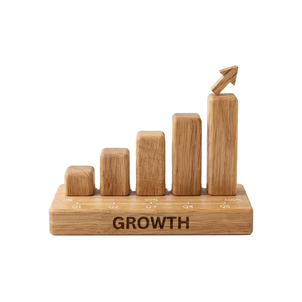 Wooden blocks arranged in ascending height to represent growth, with an upward arrow on the tallest block and the word growth on the base