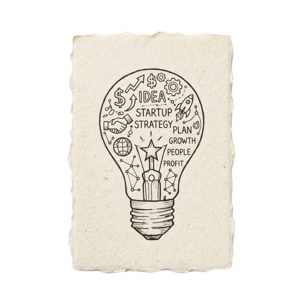 Lightbulb illustration with startup concepts like idea, strategy, growth, and profit inside it