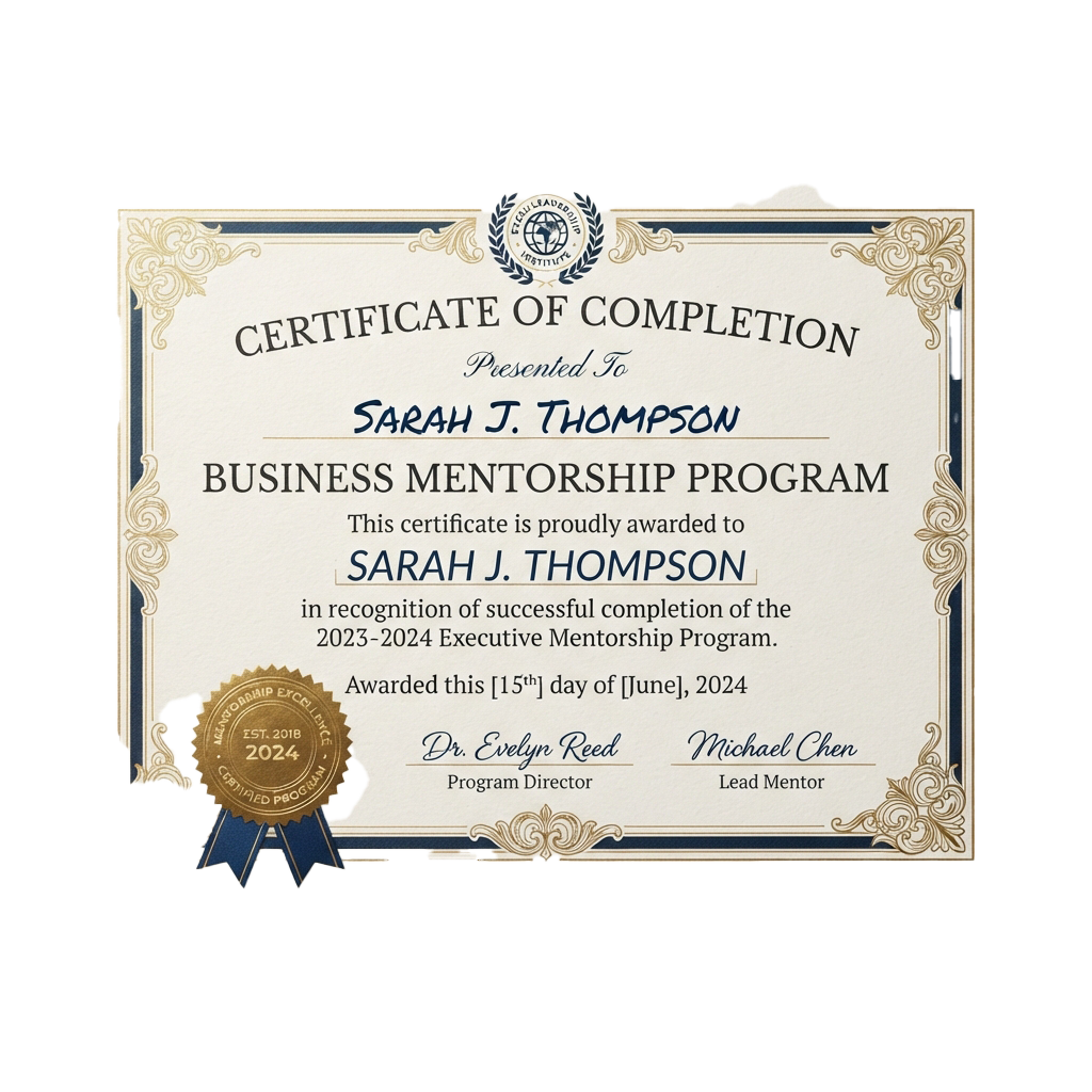 Certificate of completion for a business mentorship program awarded in June 2024