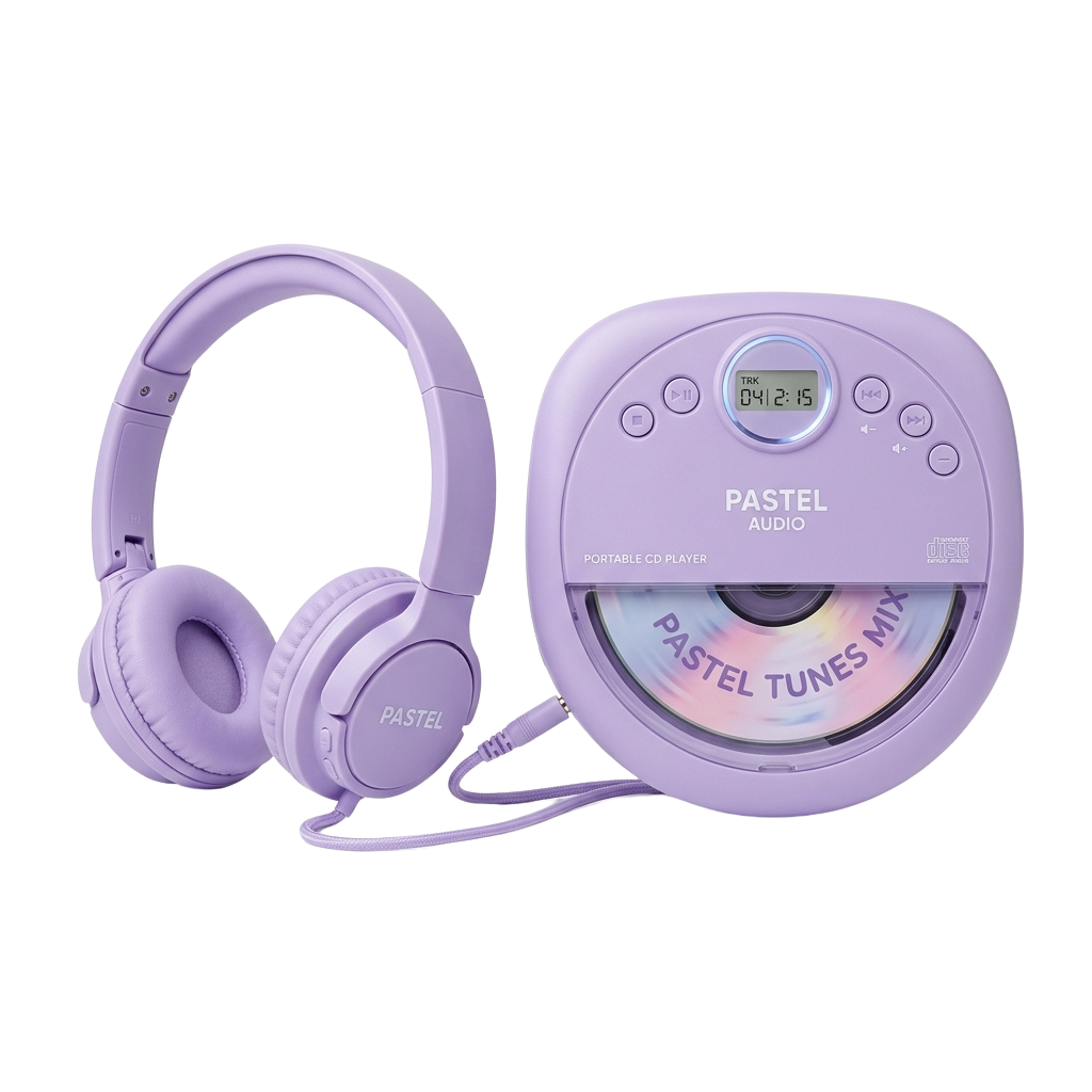 Pastel purple portable CD player and matching over-ear headphones on black background