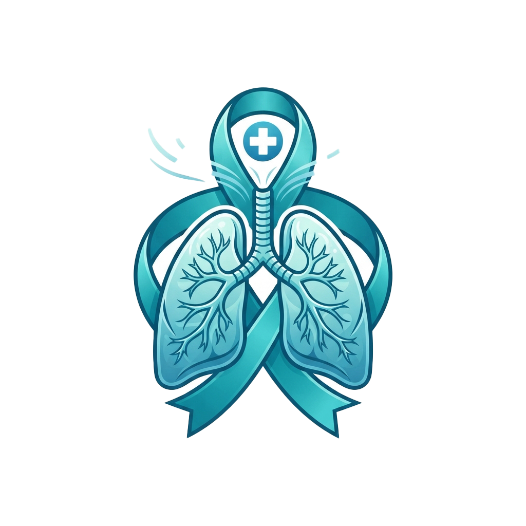 Illustration of lungs with a medical cross symbol on the head and arms crossed over chest