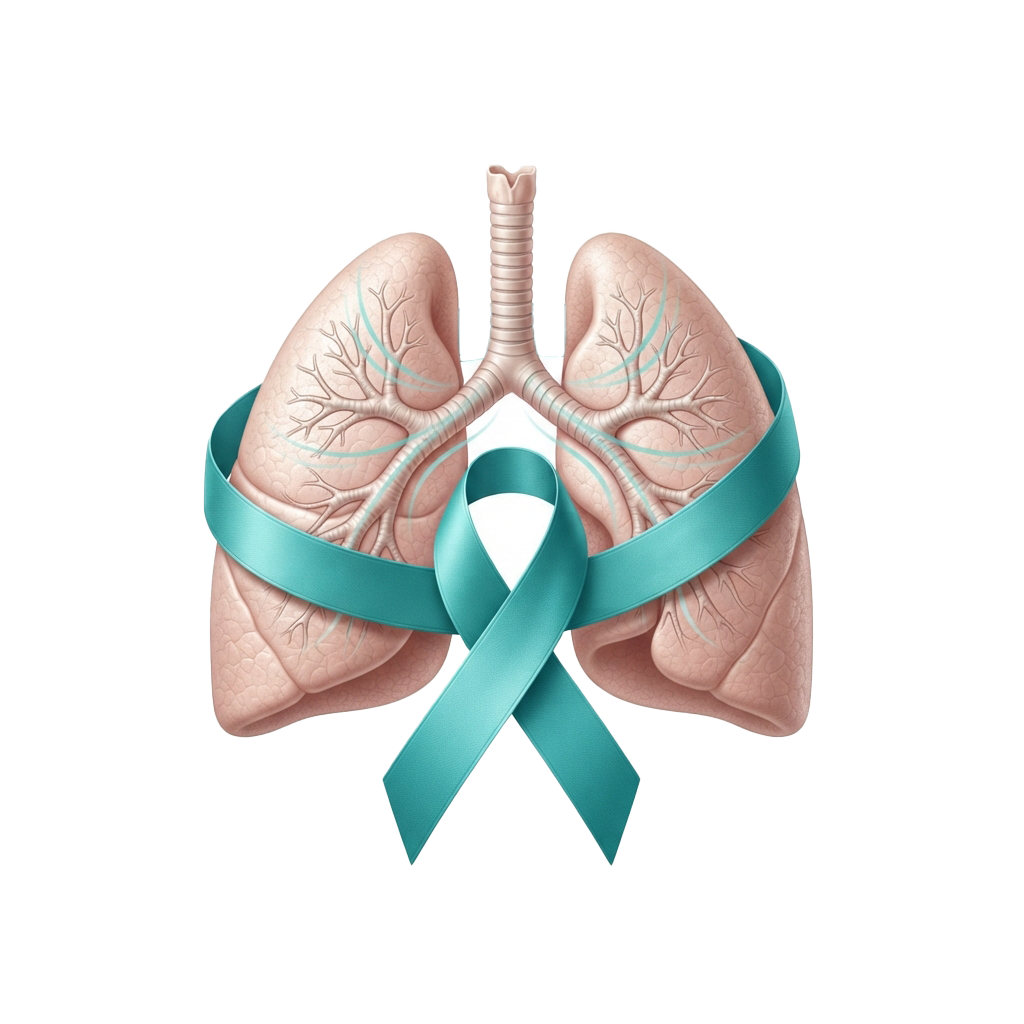 Illustration of human lungs with a teal awareness ribbon tied around them