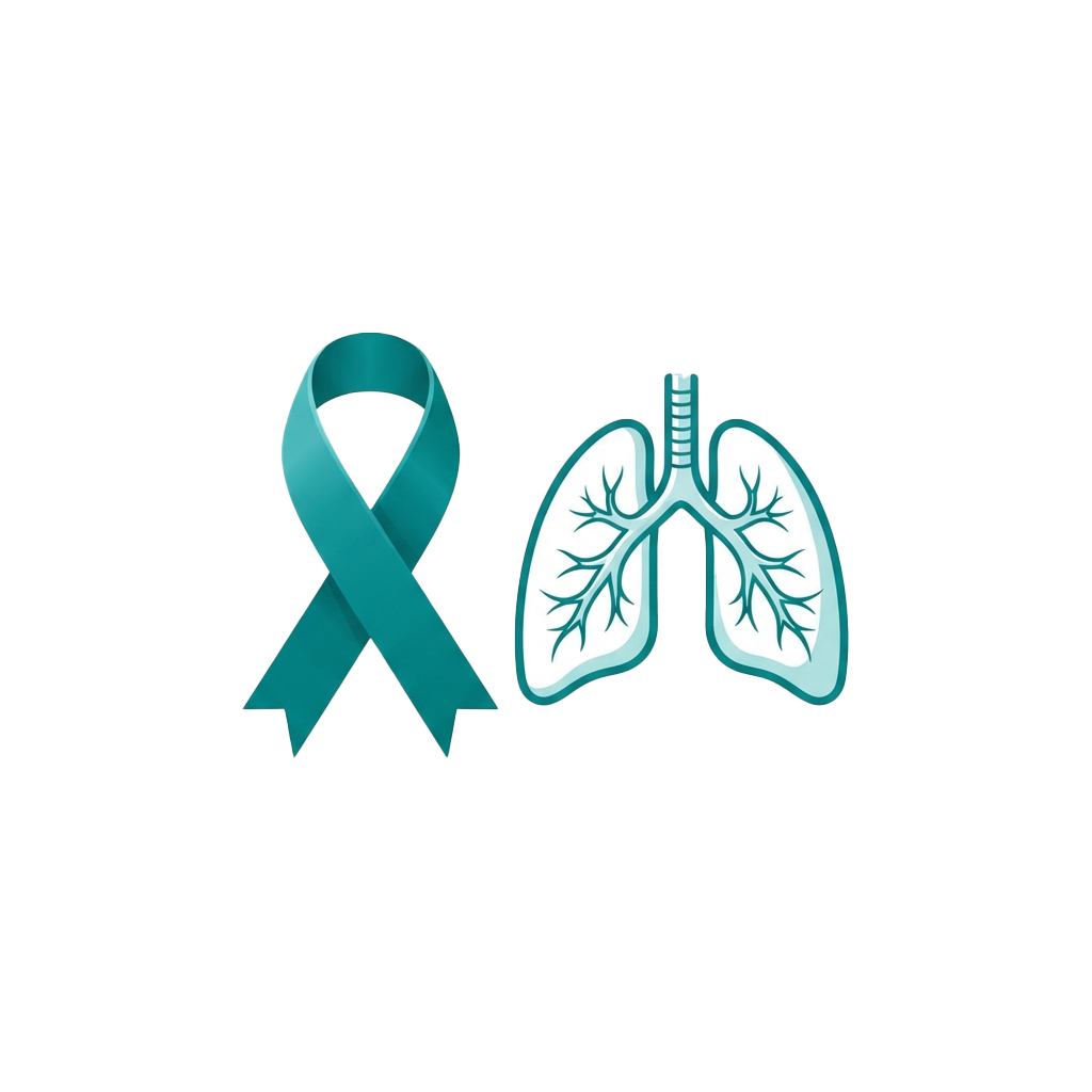 Teal ribbon symbolizing lung cancer awareness next to a diagram of human lungs