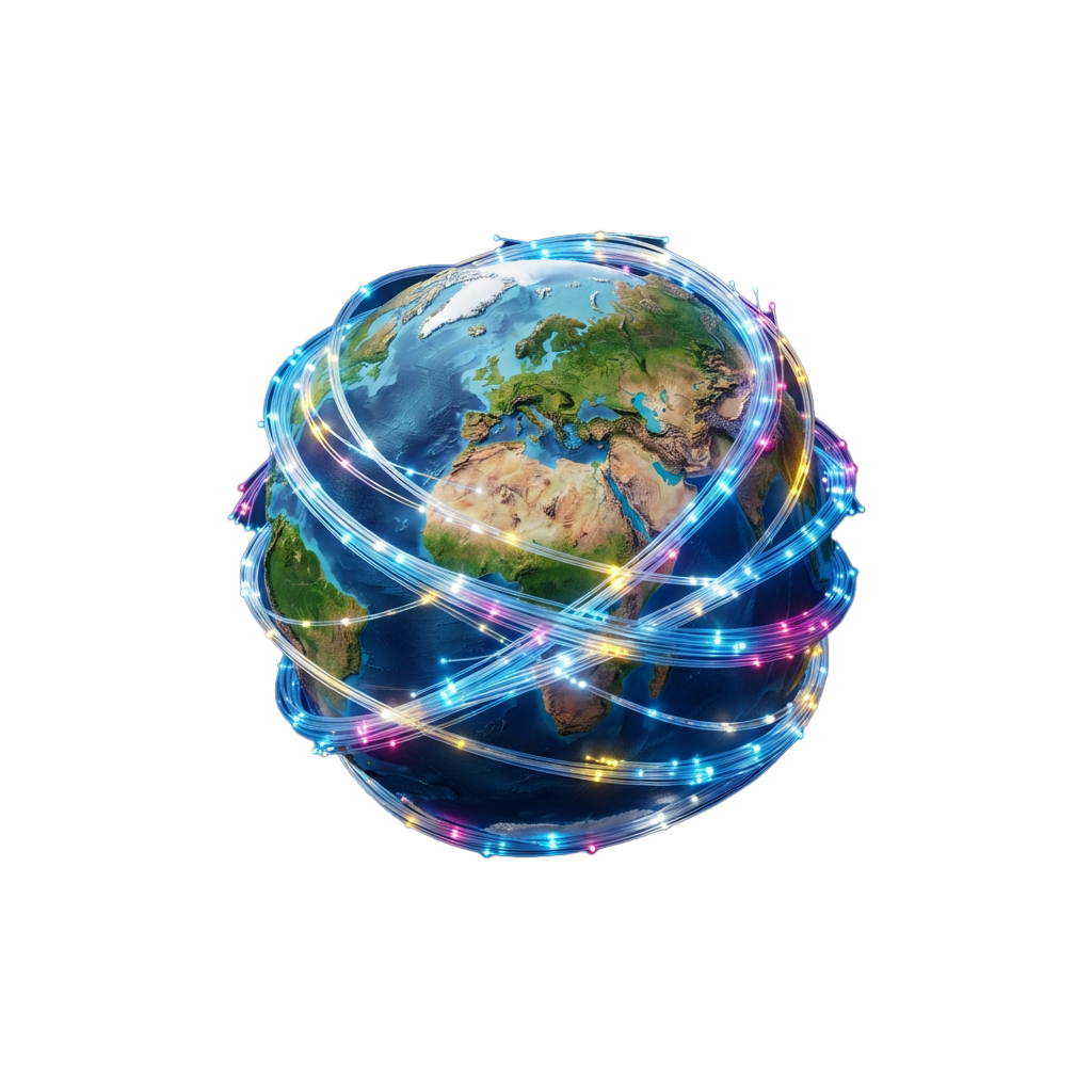 A glowing Earth surrounded by swirling blue and purple digital data lines representing global connectivity