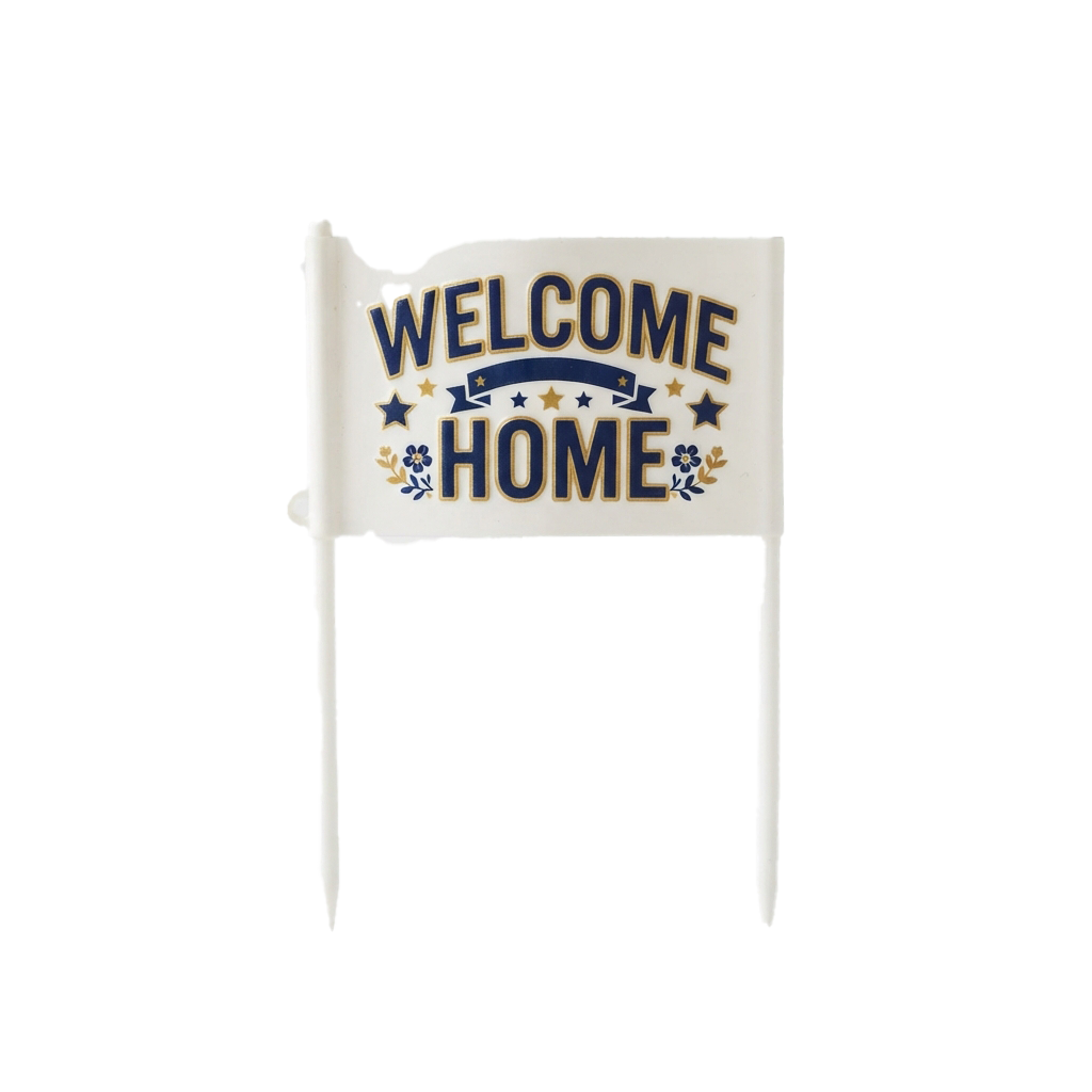 White flag with Welcome Home text and decorative stars and flowers on black background