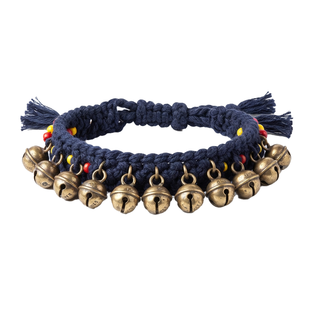 Dark blue braided bracelet with brass jingle bells and colorful beads