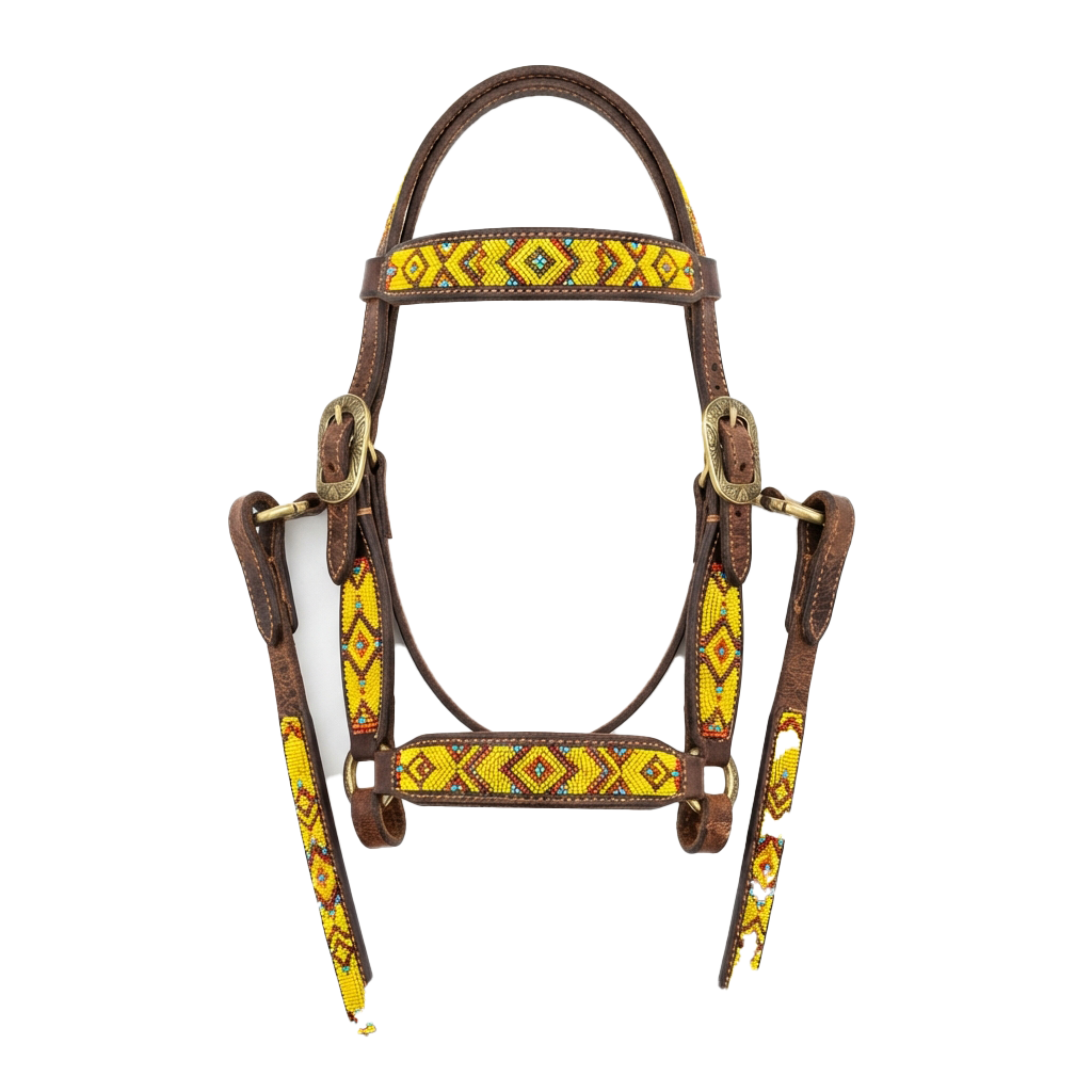 Brown leather horse bridle with yellow and blue geometric braided patterns on straps