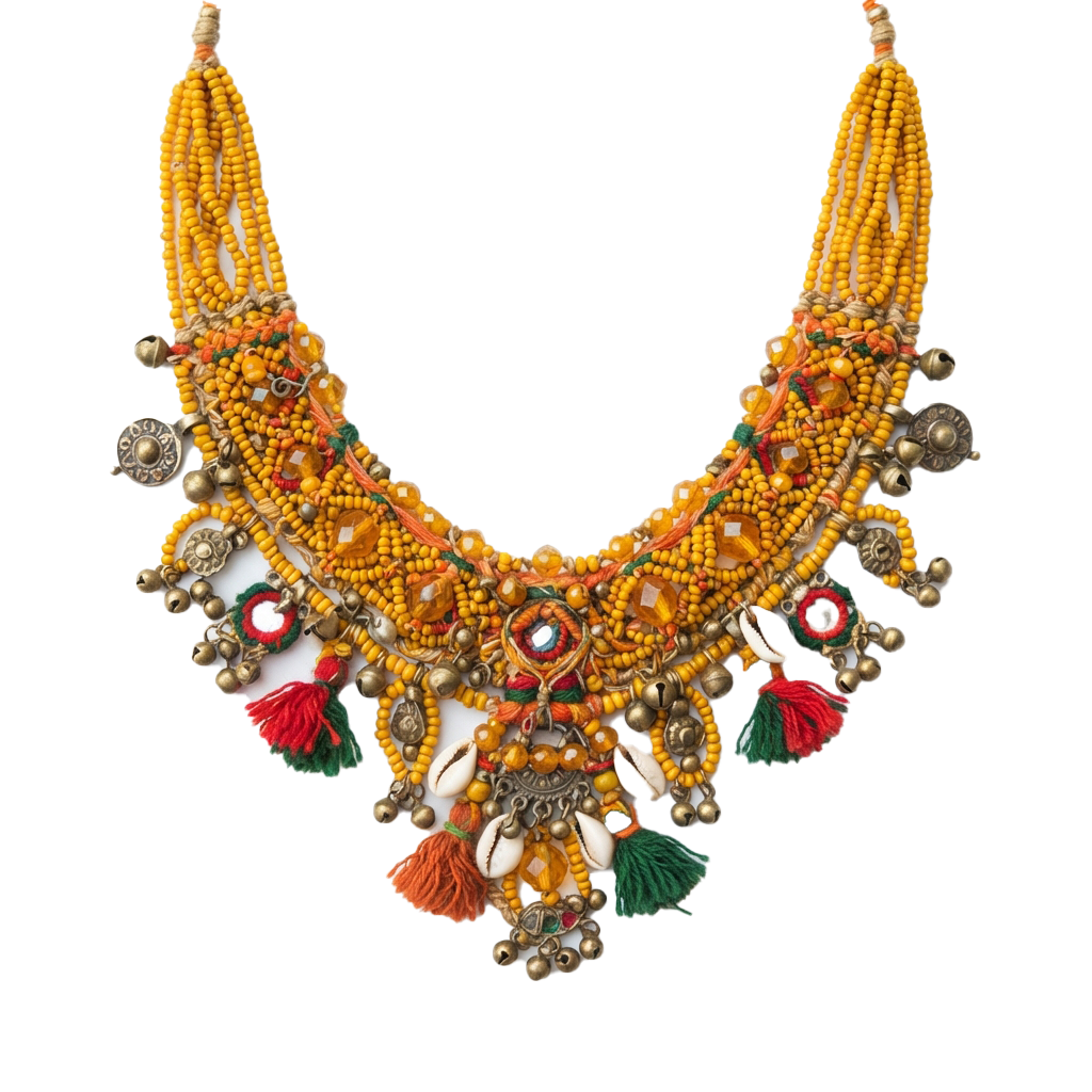 Intricate beaded necklace featuring yellow beads, metal embellishments, and colorful tassels hanging from the center.