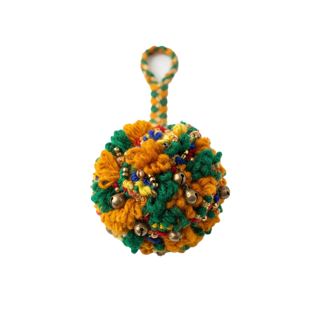 A vibrant crochet pom pom ornament with a long stem and multicolored yarns including gold beads